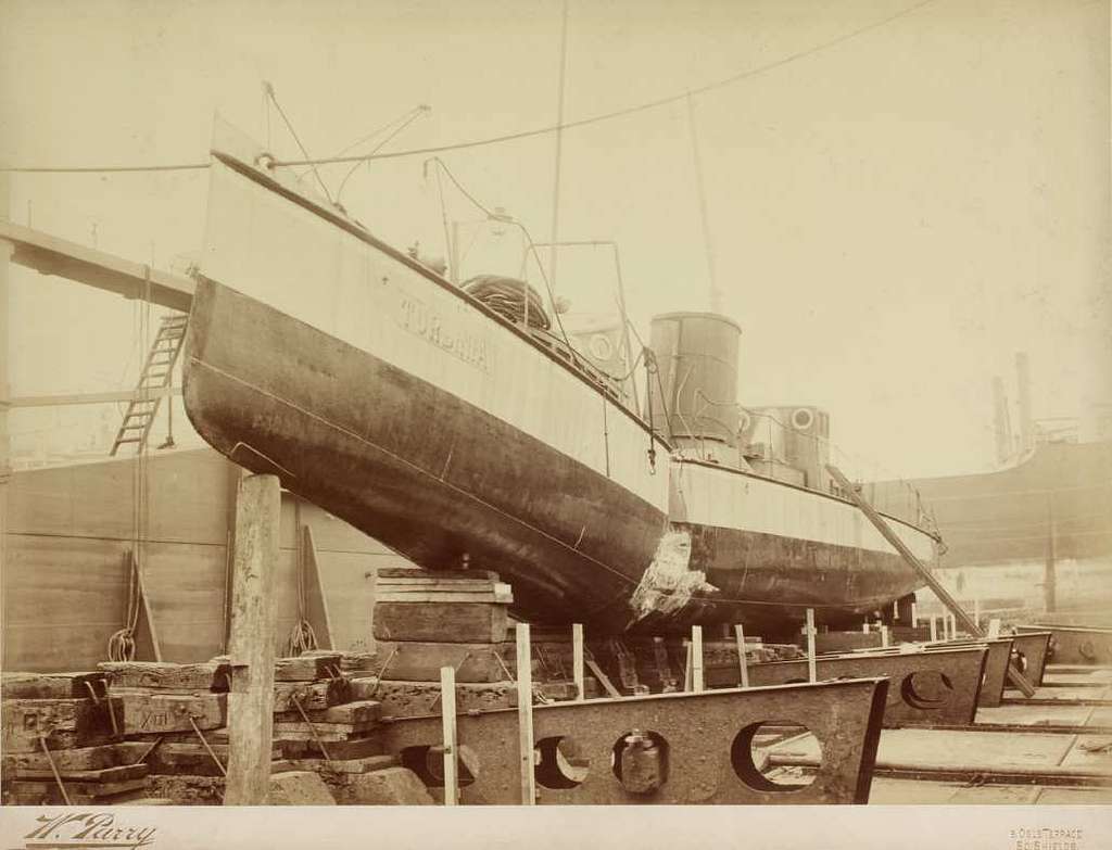 The Turbinia - Dry docked on the Tyne after being damaged after a collision while she was moored at Wallsend (Courtesy of Tyne & Wear Archives & Museums)